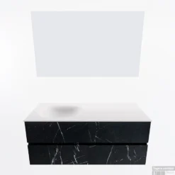 MONDIAZ VICA 120cm Badmeubel Onderkast Marquina 4 Lades. Wastafel Moon Links 1 Kraangat, Kleur Talc Met Spiegel LED. -Zalig Baden Verkoopwinkel badkamermeubel vica marquina moon talc google11 0054