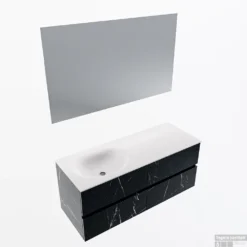 MONDIAZ VICA 120cm Badmeubel Onderkast Marquina 4 Lades. Wastafel Moon Links 1 Kraangat, Kleur Talc Met Spiegel LED.