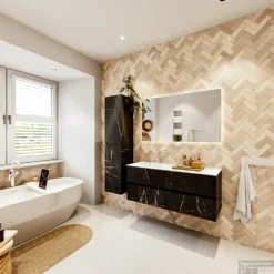 MONDIAZ VICA 120cm Badmeubel Onderkast Marquina 4 Lades. Wastafel Moon Links 1 Kraangat, Kleur Talc Met Spiegel LED. -Zalig Baden Verkoopwinkel badkamermeubel vica marquina moon talc set4 0054