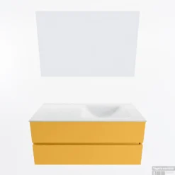 MONDIAZ VICA 110cm Badmeubel Onderkast Ocher 2 Lades. Wastafel CLOUD Rechts 1 Kraangat, Kleur Talc Met Spiegel LED. -Zalig Baden Verkoopwinkel badkamermeubel vica ocher cloud talc google11 0018
