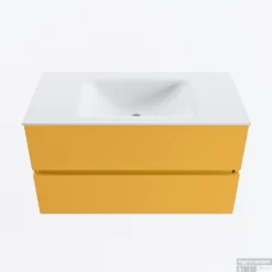 MONDIAZ VICA 90cm Badmeubel Onderkast Ocher 2 Lades. Wastafel CLOUD Midden Zonder Kraangat, Kleur Talc.