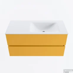 MONDIAZ VICA 100cm Badmeubel Onderkast Ocher 2 Lades. Wastafel CLOUD Rechts 1 Kraangat, Kleur Talc.