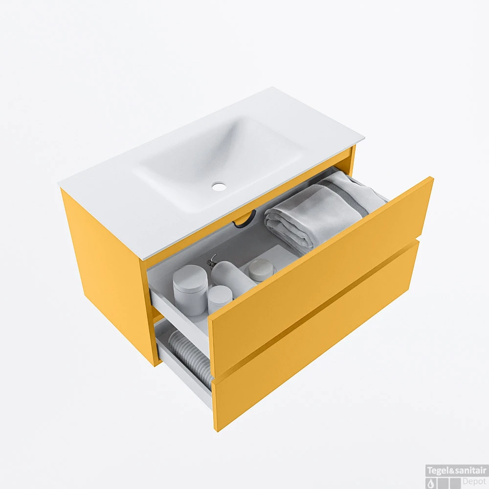 MONDIAZ VICA 90cm Badmeubel Onderkast Ocher 2 Lades. Wastafel CLOUD Midden Zonder Kraangat, Kleur Talc. 2 MONDIAZ VICA 90cm Badmeubel Onderkast Ocher 2 Lades. Wastafel CLOUD Midden Zonder Kraangat, Kleur Talc. - Afbeelding 2