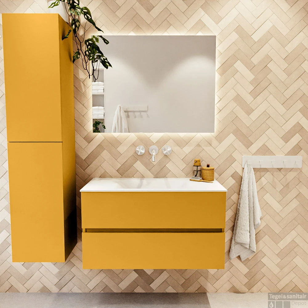 MONDIAZ VICA 90cm Badmeubel Onderkast Ocher 2 Lades. Wastafel CLOUD Midden Zonder Kraangat, Kleur Talc. 5 MONDIAZ VICA 90cm Badmeubel Onderkast Ocher 2 Lades. Wastafel CLOUD Midden Zonder Kraangat, Kleur Talc. - Afbeelding 5