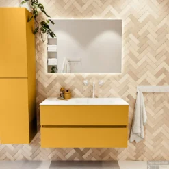 MONDIAZ VICA 100cm Badmeubel Onderkast Ocher 2 Lades. Wastafel CLOUD Rechts 1 Kraangat, Kleur Talc. -Zalig Baden Verkoopwinkel badkamermeubel vica ocher cloud talc set1 0012