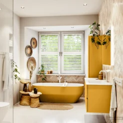 MONDIAZ VICA 110cm Badmeubel Onderkast Ocher 2 Lades. Wastafel CLOUD Rechts 1 Kraangat, Kleur Talc Met Spiegel LED. -Zalig Baden Verkoopwinkel badkamermeubel vica ocher cloud talc set3 0018