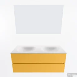 MONDIAZ VICA 120cm Badmeubel Onderkast Ocher 2 Lades. Wastafel Moon Dubbel 2 Kraangaten, Kleur Talc Met Spiegel LED. -Zalig Baden Verkoopwinkel badkamermeubel vica ocher moon talc google11 0025