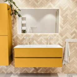 MONDIAZ VICA 120cm Badmeubel Onderkast Ocher 2 Lades. Wastafel Moon Dubbel 2 Kraangaten, Kleur Talc Met Spiegel LED. -Zalig Baden Verkoopwinkel badkamermeubel vica ocher moon talc set1 0025