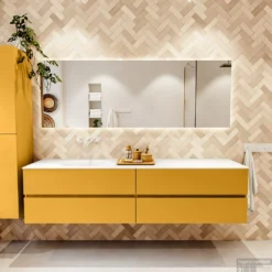 MONDIAZ VICA 200cm Badmeubel Onderkast Ocher 4 Lades. Wastafel MOON Links Zonder Kraangat, Kleur Talc. -Zalig Baden Verkoopwinkel badkamermeubel vica ocher moon talc set1 0105