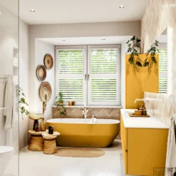 MONDIAZ VICA 200cm Badmeubel Onderkast Ocher 4 Lades. Wastafel MOON Links Zonder Kraangat, Kleur Talc. -Zalig Baden Verkoopwinkel badkamermeubel vica ocher moon talc set3 0105