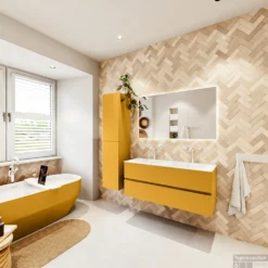 MONDIAZ VICA 120cm Badmeubel Onderkast Ocher 2 Lades. Wastafel Moon Dubbel 2 Kraangaten, Kleur Talc Met Spiegel LED. -Zalig Baden Verkoopwinkel badkamermeubel vica ocher moon talc set4 0025