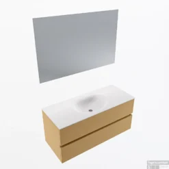 MONDIAZ VICA 110cm Badmeubel Onderkast Oro 2 Lades. Wastafel Moon Midden 1 Kraangat, Kleur Talc Met Spiegel LED.