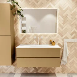 MONDIAZ VICA 110cm Badmeubel Onderkast Oro 2 Lades. Wastafel Moon Midden 1 Kraangat, Kleur Talc Met Spiegel LED. -Zalig Baden Verkoopwinkel badkamermeubel vica oro moon talc set1 0016