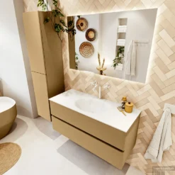 MONDIAZ VICA 110cm Badmeubel Onderkast Oro 2 Lades. Wastafel Moon Midden 1 Kraangat, Kleur Talc Met Spiegel LED. -Zalig Baden Verkoopwinkel badkamermeubel vica oro moon talc set2 0016