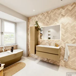 MONDIAZ VICA 110cm Badmeubel Onderkast Oro 2 Lades. Wastafel Moon Midden 1 Kraangat, Kleur Talc Met Spiegel LED. -Zalig Baden Verkoopwinkel badkamermeubel vica oro moon talc set4 0016