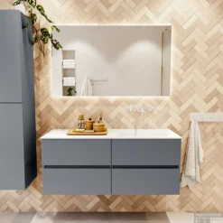 MONDIAZ VICA 120cm Badmeubel Onderkast Plata 4 Lades. Wastafel CLOUD Rechts Zonder Kraangat, Kleur Talc. -Zalig Baden Verkoopwinkel badkamermeubel vica plata cloud talc set1 0058