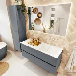 MONDIAZ VICA 120cm Badmeubel Onderkast Plata 4 Lades. Wastafel CLOUD Rechts Zonder Kraangat, Kleur Talc. -Zalig Baden Verkoopwinkel badkamermeubel vica plata cloud talc set2 0058