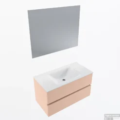 MONDIAZ VICA 90cm Badmeubel Onderkast Rosee 2 Lades. Wastafel CLOUD Midden Zonder Kraangat, Kleur Talc Met Spiegel LED.