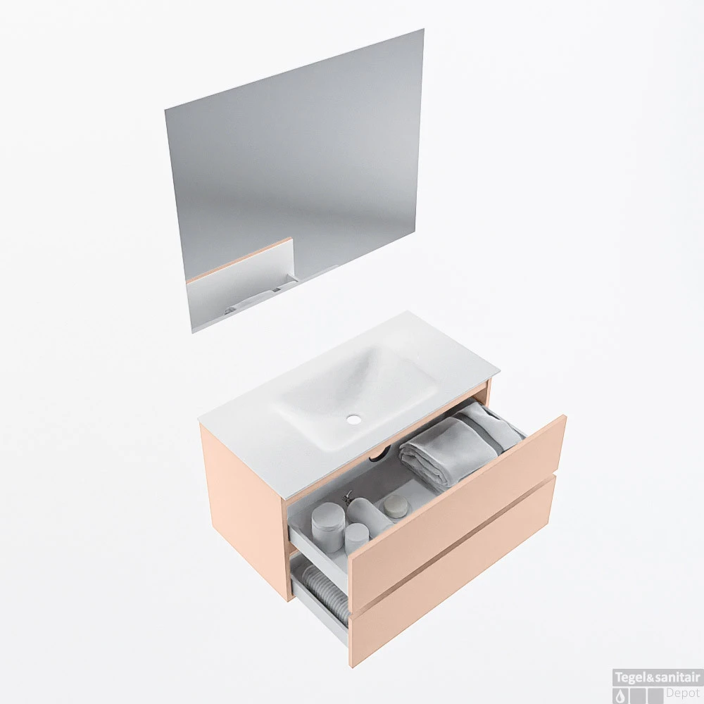 MONDIAZ VICA 90cm Badmeubel Onderkast Rosee 2 Lades. Wastafel CLOUD Midden Zonder Kraangat, Kleur Talc Met Spiegel LED. 2 MONDIAZ VICA 90cm Badmeubel Onderkast Rosee 2 Lades. Wastafel CLOUD Midden Zonder Kraangat, Kleur Talc Met Spiegel LED. - Afbeelding 2