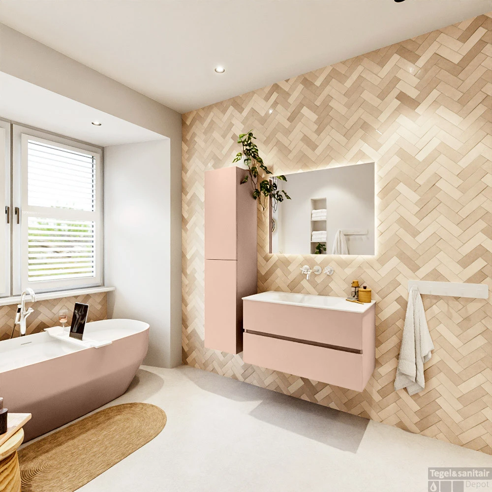 MONDIAZ VICA 90cm Badmeubel Onderkast Rosee 2 Lades. Wastafel CLOUD Midden Zonder Kraangat, Kleur Talc Met Spiegel LED. 7 MONDIAZ VICA 90cm Badmeubel Onderkast Rosee 2 Lades. Wastafel CLOUD Midden Zonder Kraangat, Kleur Talc Met Spiegel LED. - Afbeelding 7