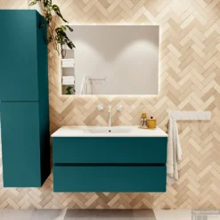 MONDIAZ VICA 100cm Badmeubel Onderkast Smag 2 Lades. Wastafel Denia Midden 1 Kraangat, Kleur Glanzend Wit Met Spiegel LED. -Zalig Baden Verkoopwinkel badkamermeubel vica smag denia talc set1 0004