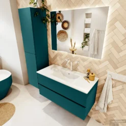 MONDIAZ VICA 100cm Badmeubel Onderkast Smag 2 Lades. Wastafel Denia Midden 1 Kraangat, Kleur Glanzend Wit Met Spiegel LED. -Zalig Baden Verkoopwinkel badkamermeubel vica smag denia talc set2 0004