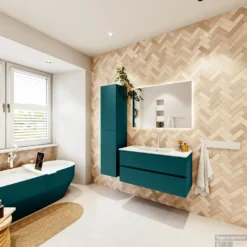 MONDIAZ VICA 100cm Badmeubel Onderkast Smag 2 Lades. Wastafel Denia Midden 1 Kraangat, Kleur Glanzend Wit Met Spiegel LED. -Zalig Baden Verkoopwinkel badkamermeubel vica smag denia talc set4 0004