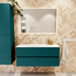 MONDIAZ VICA 110cm Badmeubel Onderkast Smag 2 Lades. Wastafel Moon Links Zonder Kraangat, Kleur Talc Met Spiegel LED. -Zalig Baden Verkoopwinkel badkamermeubel vica smag moon talc set1 0020