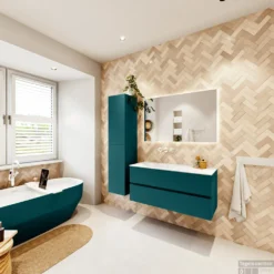 MONDIAZ VICA 110cm Badmeubel Onderkast Smag 2 Lades. Wastafel Moon Links Zonder Kraangat, Kleur Talc Met Spiegel LED. -Zalig Baden Verkoopwinkel badkamermeubel vica smag moon talc set4 0020