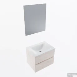 MONDIAZ VICA 60cm Badmeubel Onderkast Underlayment 2 Lades. Wastafel CLOUD Midden 1 Kraangat, Kleur Talc Met Spiegel LED.