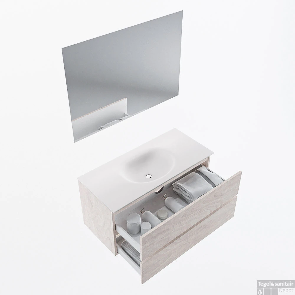 MONDIAZ VICA 100cm Badmeubel Onderkast Underlayment 2 Lades. Wastafel Moon Midden 1 Kraangat, Kleur Talc Met Spiegel LED. 2 MONDIAZ VICA 100cm Badmeubel Onderkast Underlayment 2 Lades. Wastafel Moon Midden 1 Kraangat, Kleur Talc Met Spiegel LED. - Afbeelding 2