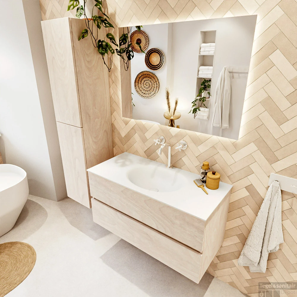 MONDIAZ VICA 100cm Badmeubel Onderkast Underlayment 2 Lades. Wastafel Moon Midden 1 Kraangat, Kleur Talc Met Spiegel LED. 3 MONDIAZ VICA 100cm Badmeubel Onderkast Underlayment 2 Lades. Wastafel Moon Midden 1 Kraangat, Kleur Talc Met Spiegel LED. - Afbeelding 3