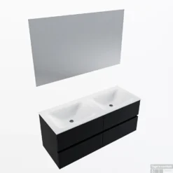 MONDIAZ VICA 120cm Badmeubel Onderkast Urban 4 Lades. Wastafel CLOUD Dubbel Zonder Kraangat, Kleur Talc Met Spiegel LED.