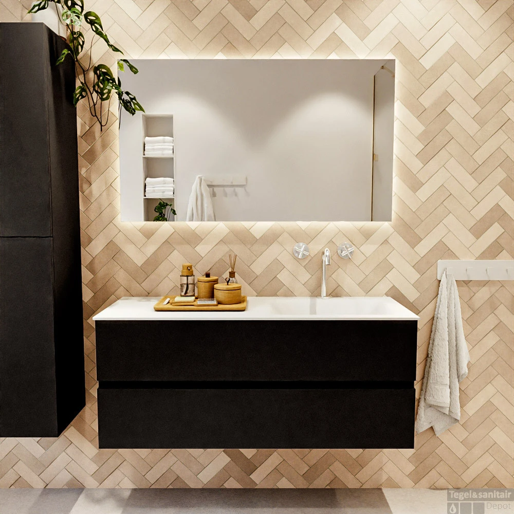 MONDIAZ VICA 120cm Badmeubel Onderkast Urban 2 Lades. Wastafel CLOUD Rechts 1 Kraangat, Kleur Talc Met Spiegel LED. 5 MONDIAZ VICA 120cm Badmeubel Onderkast Urban 2 Lades. Wastafel CLOUD Rechts 1 Kraangat, Kleur Talc Met Spiegel LED. - Afbeelding 5