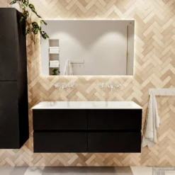 MONDIAZ VICA 120cm Badmeubel Onderkast Urban 4 Lades. Wastafel CLOUD Dubbel Zonder Kraangat, Kleur Talc Met Spiegel LED. -Zalig Baden Verkoopwinkel badkamermeubel vica urban cloud talc set1 0059