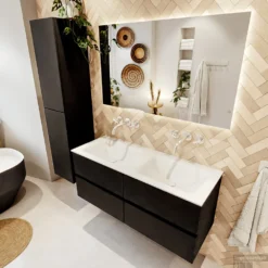 MONDIAZ VICA 120cm Badmeubel Onderkast Urban 4 Lades. Wastafel CLOUD Dubbel Zonder Kraangat, Kleur Talc Met Spiegel LED. -Zalig Baden Verkoopwinkel badkamermeubel vica urban cloud talc set2 0059