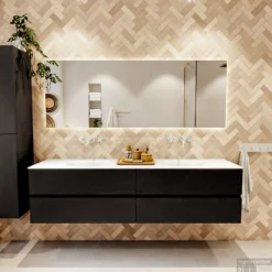 MONDIAZ VICA 190cm Badmeubel Onderkast Urban 4 Lades. Wastafel Moon Dubbel Zonder Kraangat, Kleur Talc Met Spiegel LED. -Zalig Baden Verkoopwinkel badkamermeubel vica urban moon talc set1 0101