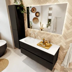 MONDIAZ VICA 120cm Badmeubel Onderkast Urban 2 Lades. Wastafel Moon Links 1 Kraangat, Kleur Talc Met Spiegel LED. -Zalig Baden Verkoopwinkel badkamermeubel vica urban moon talc set2 0023