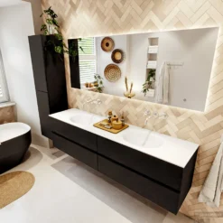 MONDIAZ VICA 190cm Badmeubel Onderkast Urban 4 Lades. Wastafel Moon Dubbel Zonder Kraangat, Kleur Talc Met Spiegel LED. -Zalig Baden Verkoopwinkel badkamermeubel vica urban moon talc set2 0101