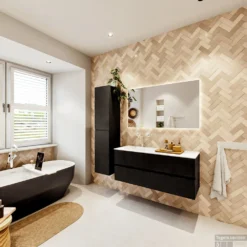 MONDIAZ VICA 120cm Badmeubel Onderkast Urban 2 Lades. Wastafel Moon Links 1 Kraangat, Kleur Talc Met Spiegel LED. -Zalig Baden Verkoopwinkel badkamermeubel vica urban moon talc set4 0023