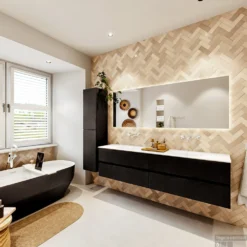 MONDIAZ VICA 190cm Badmeubel Onderkast Urban 4 Lades. Wastafel Moon Dubbel Zonder Kraangat, Kleur Talc Met Spiegel LED. -Zalig Baden Verkoopwinkel badkamermeubel vica urban moon talc set4 0101