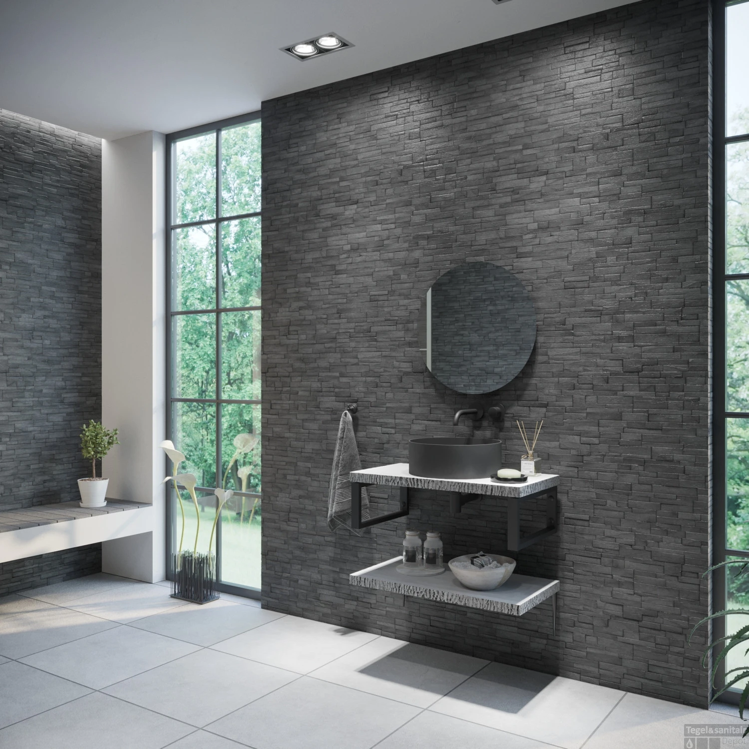 Badkamermeubelset BWS Eiken Massief Hout Bovenblad Met Boomschors 60 Wit - Afbeelding 2