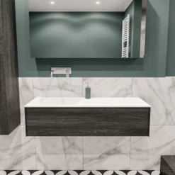 Badkamermeubel BWS Madrid Antraciet 120x45x30 Cm Mat Witte Solid Surface Wastafel Links (0 Kraangaten)