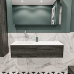 Badkamermeubel BWS Madrid Antraciet 120x45x30 Cm Mat Witte Solid Surface Wastafel Links (1 Kraangat, 2 Lades)