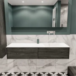 Badkamermeubel BWS Madrid Antraciet 150x45x30 Cm Mat Witte Solid Surface Wastafel Rechts (2 Lades, 0 Kraangaten)