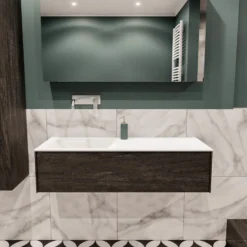 Badkamermeubel BWS Madrid Dark Brown 120x45x30 Cm Mat Witte Solid Surface Wastafel Links (0 Kraangaten)