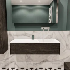 Badkamermeubel BWS Madrid Dark Brown 120x45x30 Cm Mat Witte Solid Surface Wastafel Rechts (0 Kraangaten)