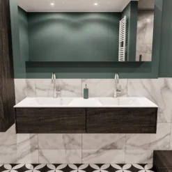 Badkamermeubel BWS Madrid Dark Brown 150x45x30 Cm Mat Witte Solid Surface Wastafel Dubbel (2 Lades, 2 Kraangaten)