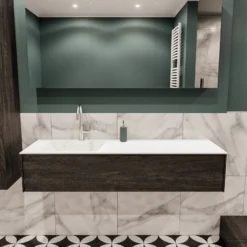 Badkamermeubel BWS Madrid Dark Brown 150x45x30 Cm Mat Witte Solid Surface Wastafel Links (1 Kraangat)