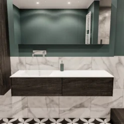 Badkamermeubel BWS Madrid Dark Brown 150x45x30 Cm Mat Witte Solid Surface Wastafel Links (2 Lades, 0 Kraangaten)